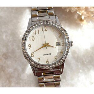 Silver Toned Rhinestone Vintage Stretch Ladies Vintage Wristwatch - 28mm WORKS!